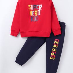 Bodycare Fleece Knit Full Sleeves T-Shirt & Lounge Pants Set With Text Print - Red & Navy-image-73