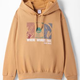 Taeko Fleece Knit Full Sleeves Hooded Sweatshirt with Text Print - Tan-picture-24