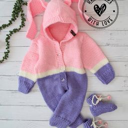 Woonie Hand Knitted Full Sleeves Big Ear Designed Colour Blocked Hooded Jumpsuit With Coordinating Socks - Pink-image-5