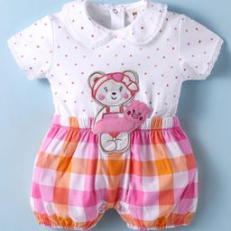 ToffyHouse Cotton Woven Half Sleeves Rompers with Check Design Polka Dot Print & Animal Embroidery - White Pink & Orange-image-83