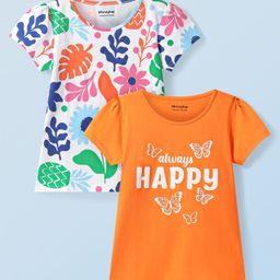 Honeyhap Premium 100%Cotton Knit Half Sleeves Bio Finish Tops with Floral Print Pack of 2 - Bird of Paradise & Bright White-image-32