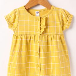 Zero Sinker Knit Half Sleeves Checks Front Open Frock - Yellow-picture-3