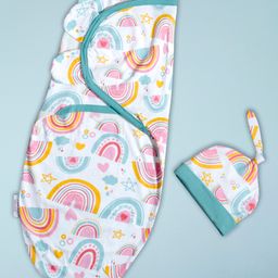 Polka Tots Cotton Rainbow Print Swaddle Wrap With Cap For New Born Baby - Multicolor-image-60