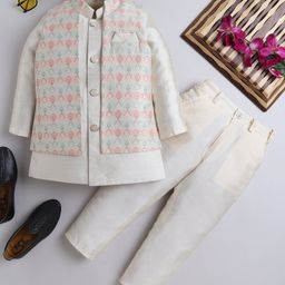 Ahhaaaa Silk Blend Full Sleeves Solid Kurta Pyjama With Floral Embroidered Jacket Set - Cream-image-95