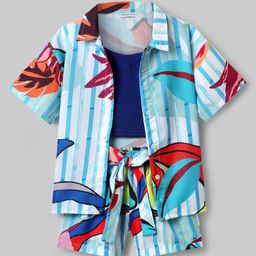OLLINGTON ST. Rayon Knit Half Sleeves Tropical Printed Shirt & Shorts with Inner Top & Belt - Light Blue-image-89