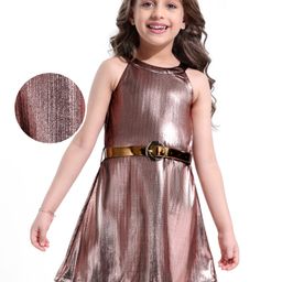 Hola Bonita Knit Sleeveless Halter Neck Shimmer Party Dress - Rose Gold-image-57