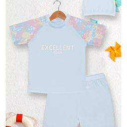 PASSION PETALS Lycra Half Sleeves Excellent Team Text Printed Swimsuit Set - Light Blue-image-14