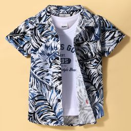 Ruff Corduroy Woven Half Sleeves Shirt With T-Shirt Leaves Print - Navy Blue-image-51