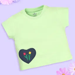 Kiddopanti Cotton Half Sleeves Heart & Floral Patch Embroidered Tee - Green-picture-32