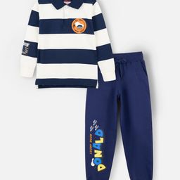 Nap Chief Pure Cotton Disney Mickey & Friends Featuring Full Sleeves Donald Duck Printed & Striped Sweatshirt & Joggers Set - Navy Blue-image-79