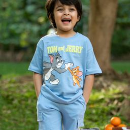 Nap Chief Pure Cotton Tom & Jerry Featuring Half Sleeves Characters Printed Coordinating Tee & Shorts Set - Blue-image-1