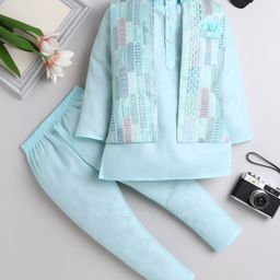 Fourfolds Cotton Full Sleeves Solid Kurta & Pyjama With Abstract Embroidered & Sequins Embellished Jacket - Sky Blue-image-100