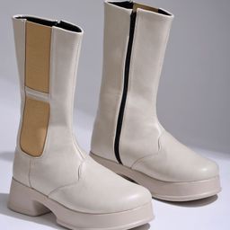 Shoetopia Colour Blocked Zipper Closure Long Boots - Cream-image-72