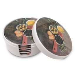 Superware Melamine Tea Coaster Set with stand - Olive Oil on White ( Set of 6 )-image-63