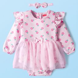 Babyhug 100% Cotton Interlock Knit Full Sleeves Frock Style Onesie with Frill Detailing Floral Print Bow Applique & Hairband - Pink-picture-34