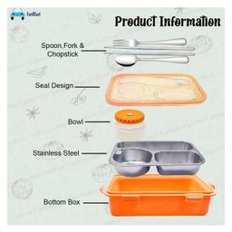 FunBlast 4 Compartment Lunch Box with Bowl Spoon Fork & Chopsticks -Orange image 2