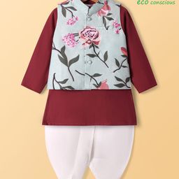 Babyoye 100% Cotton Woven Full Sleeves Kurta Dhoti Set With Floral Printed Jacket -Maroon image 2