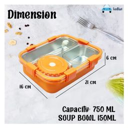 FunBlast 4 Compartment Lunch Box with Bowl Spoon Fork & Chopsticks -Orange image 3