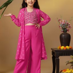 Sangria Girls Embroidered Crop Top Palazzo With Shrug-image-54