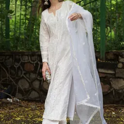 Bought First Floral Embroidered Notch Neck Straight Kurta With Trousers And Dupatta-image-5