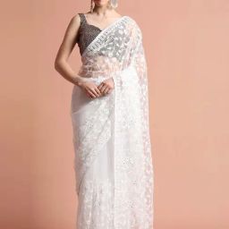 Jaipur Kurti White Embroidered Saree With Unstitched Blouse-image-38