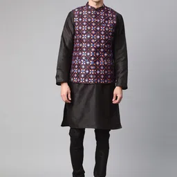 Tulsattva Men Black Kurta with Churidar & Nehru Jacket-image-86