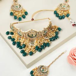 Zaveri Pearls Green Meenakari Bridal Kundan Choker Necklace Earring & Maangtikka Set-ZPFK10497-39