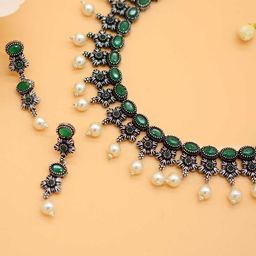 TEEJH Oxidised Silver-Plated Green & White Stone-Studded & Pearl-Beaded Handcrafted Jewellery Set-12