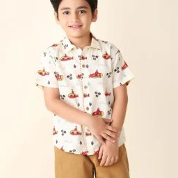 Fabindia Kids Cream Printed Shirt-image-63