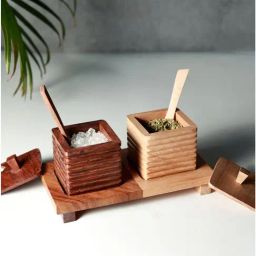 Unravel India Brown & White Sheesham Wood Refreshment Jar & Tray with Spoon - Set of 4-12