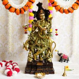 eCraftIndia Divine Lord Krishna Sitting on Cow & Playing Flute Handcrafted Brass Idol-image-72