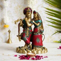 eCraftIndia Brass Radha Krishna Pair with Cow Handcrafted Figurine with Colorful Stone Work-image-34