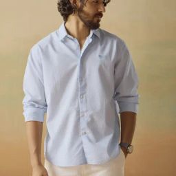 Andamen Blue Cotton Relaxed Fit Texture Shirt-image-55