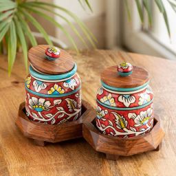 ExclusiveLane Mughal Multicolor Ceramic Jars & Containers - Set of 2, 440 ML image 1
