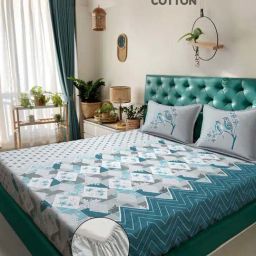 Klotthe Turquoise & Grey 400 TC Cotton Double Elastic Bedsheet with 2 Pillow Covers-image-47
