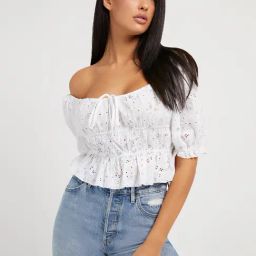 Guess White Embroidery Half Sleeves Tops-image-69