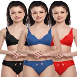FIMS Red & Blue Lace Work Bra Panty Sets - Pack Of 3-image-95