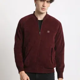 The Bear House Maroon Regular Fit Texture Bomber Jacket-image-97