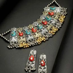 Moedbuille Kundan Studded Enamel Design Oxidised Silver Plated Tribal Tasselled Jewellery Set-image-48