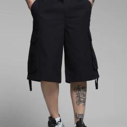 Jack & Jones Black Cotton Loose Fit Cargo Shorts-image-93