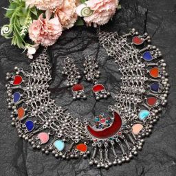 Moedbuile Handcrafted Meenakari Work Tribal Design Oxidised Silver Plated Tasselled Jewellery Set-image-71