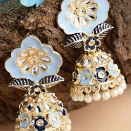 Karatcart Gold Plated Floral Design Blue Meena Jhumki Earrings for Women-24