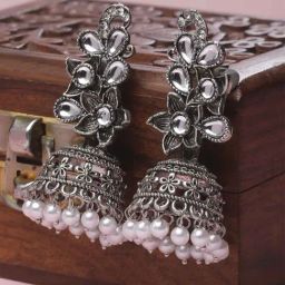 Karatcart Oxidized Silver Floral Jhumki Earrings for Women-2