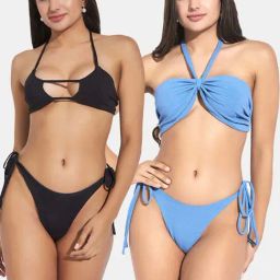 Secrets By ZeroKaata Blue & Black Plain Swimwear Bikini-image-96