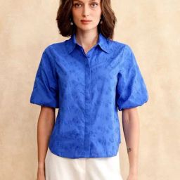 RAREISM Blue Cotton Blend Embroidered Short Sleeves Shirt-image-75