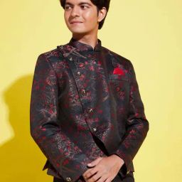 VASTRAMAY Boys Maroon & Black Self Full Sleeves Indowestern-image-56