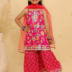 JUNITOS Girls Floral Printed Regular Gotta Patti Pure Cotton Kurti with Sharara & With Dupatta-picture-28