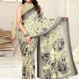 MIRCHI FASHION Cream Floral Print Saree With Unstitched Blouse-image-50