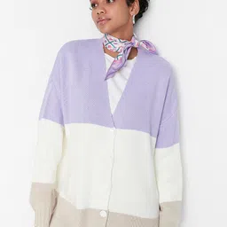 Trendyol Women Beige & Purple Colourblocked Longline Cardigan-image-63