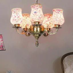 FOS LIGHTING Gold Aluminium 5 Light Chandelier with Pink Mosaic Glass Shades-image-62